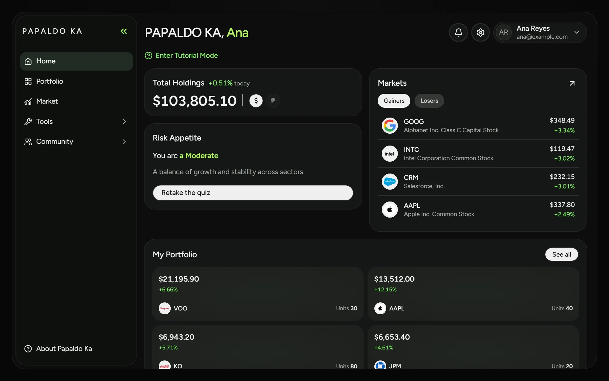The Papaldo dashboard for a sample account: total holdings, risk appetite, today's biggest movers and the portfolio.