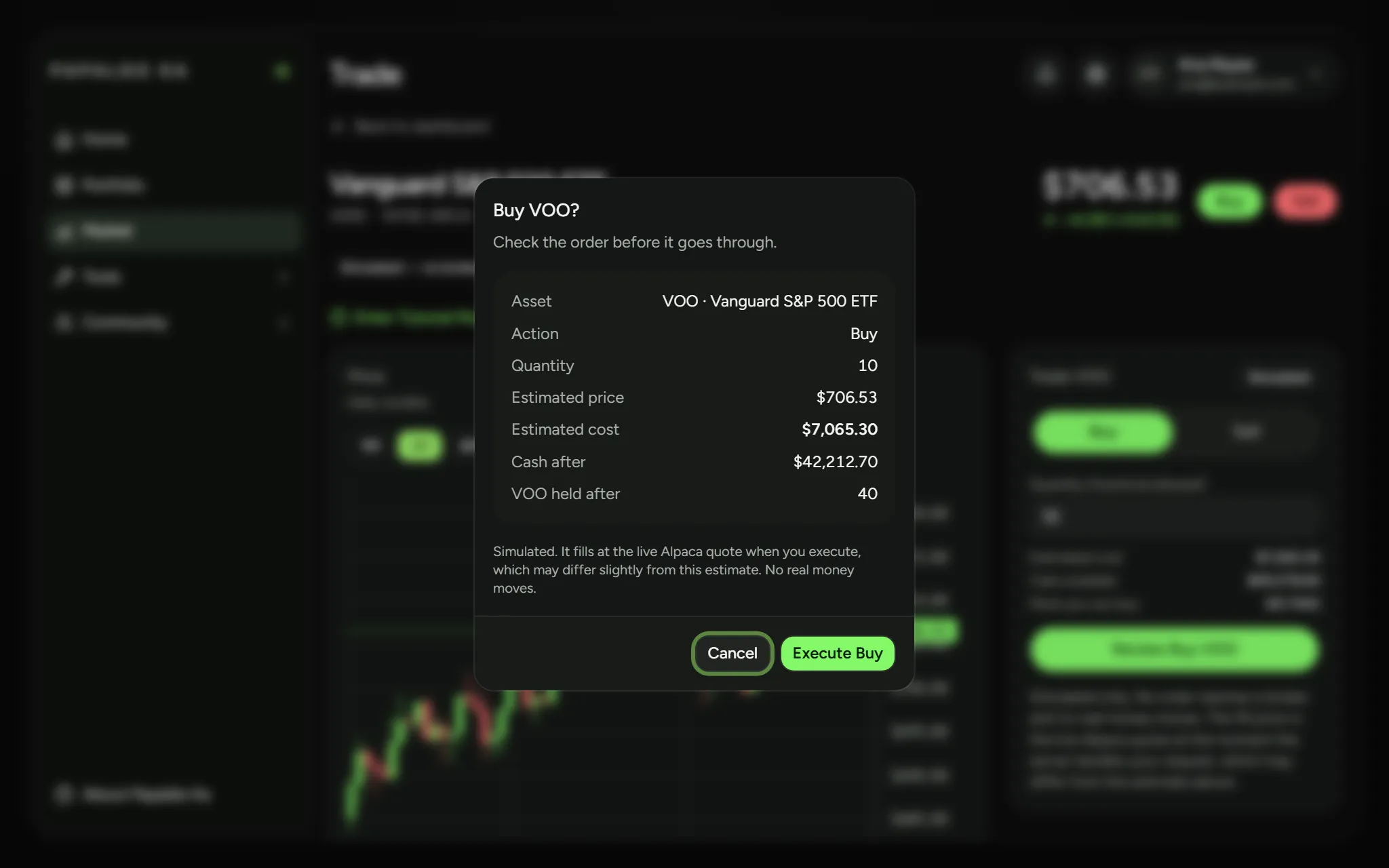 A practice order in the Papaldo app: the confirmation for ten shares of an S&P 500 fund, with the estimated cost and the cash left after.