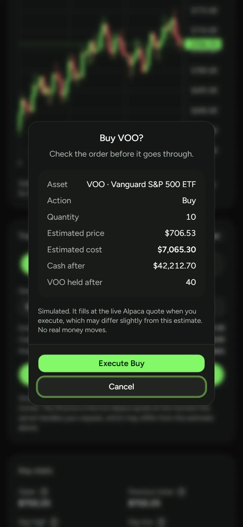 A practice order on a phone: the confirmation for ten shares of an S&P 500 fund, with the estimated cost and the cash left after.